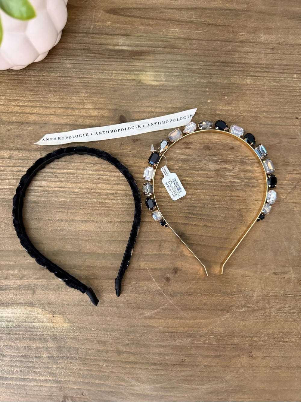Anthropologie Gold Jeweled Headband and Black Braided Headband 2-pack NWT